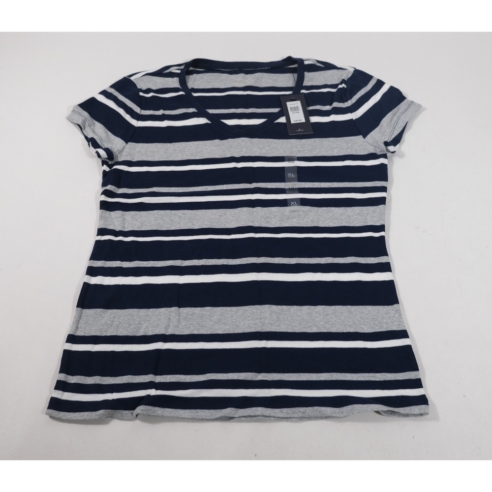 Tommy Hilfiger Shirt Women XL Navy Gray White Striped V-Neck Short Sleeve Cotton